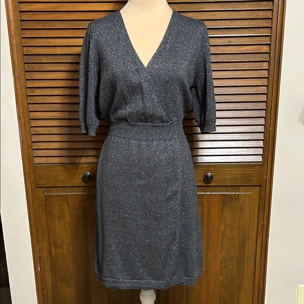Liz Claiborne Gray Silver Metallic Sparkle Faux Wrap Sweater Dress Holiday M/L